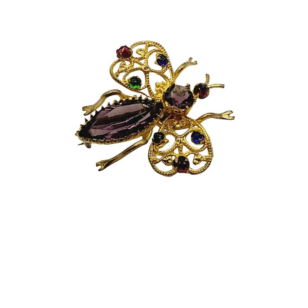 Vintage Czech Filigree Jeweled Bug Brooch (A429)